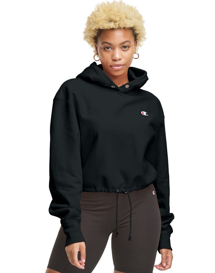 Champion Womens Hoodie NZ - Reverse Weave Cinch Bottom Black ( 2730-HPXNI )